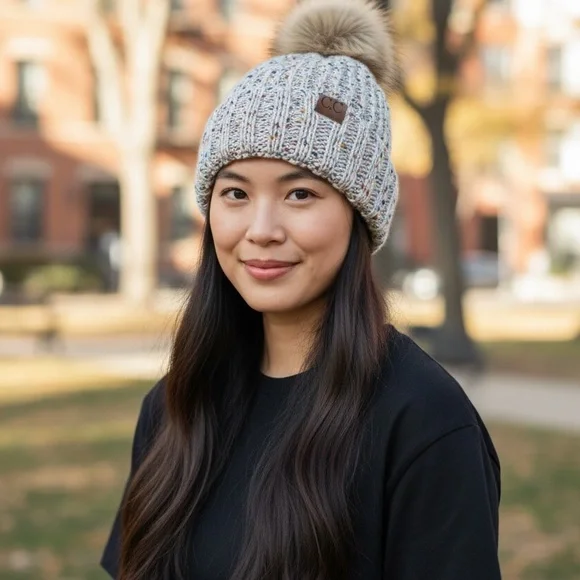 C.C. Confetti Mohair Ribbed Beanie with Faux Fur Pom-Pom EUC - Picture 2 of 5